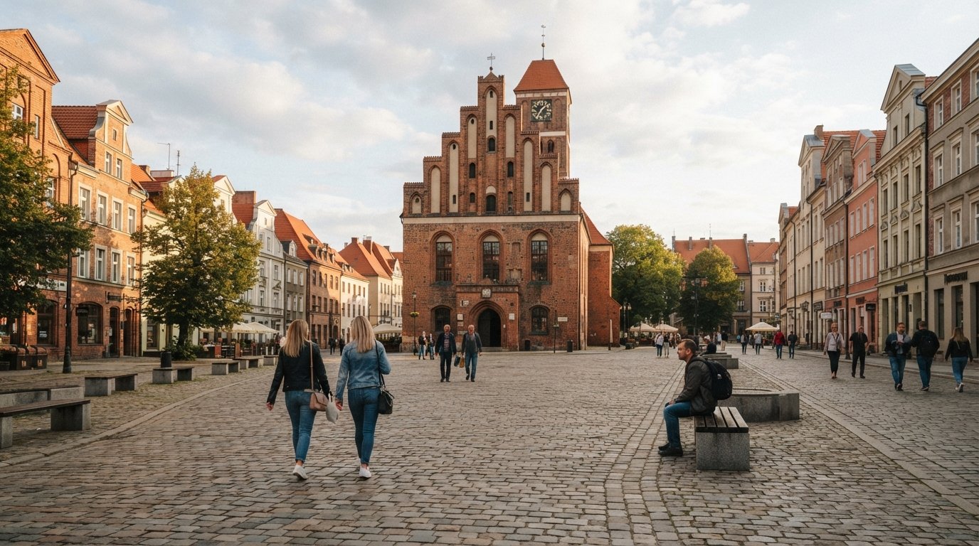 Rynek Nowomiejski à Toruń en fin d'après-midi, l'ancienne église de la Sainte-Trinité se dressant au centre de la place du marché presque carrée, avec ses pavés silencieux et ses immeubles bas en briques autour