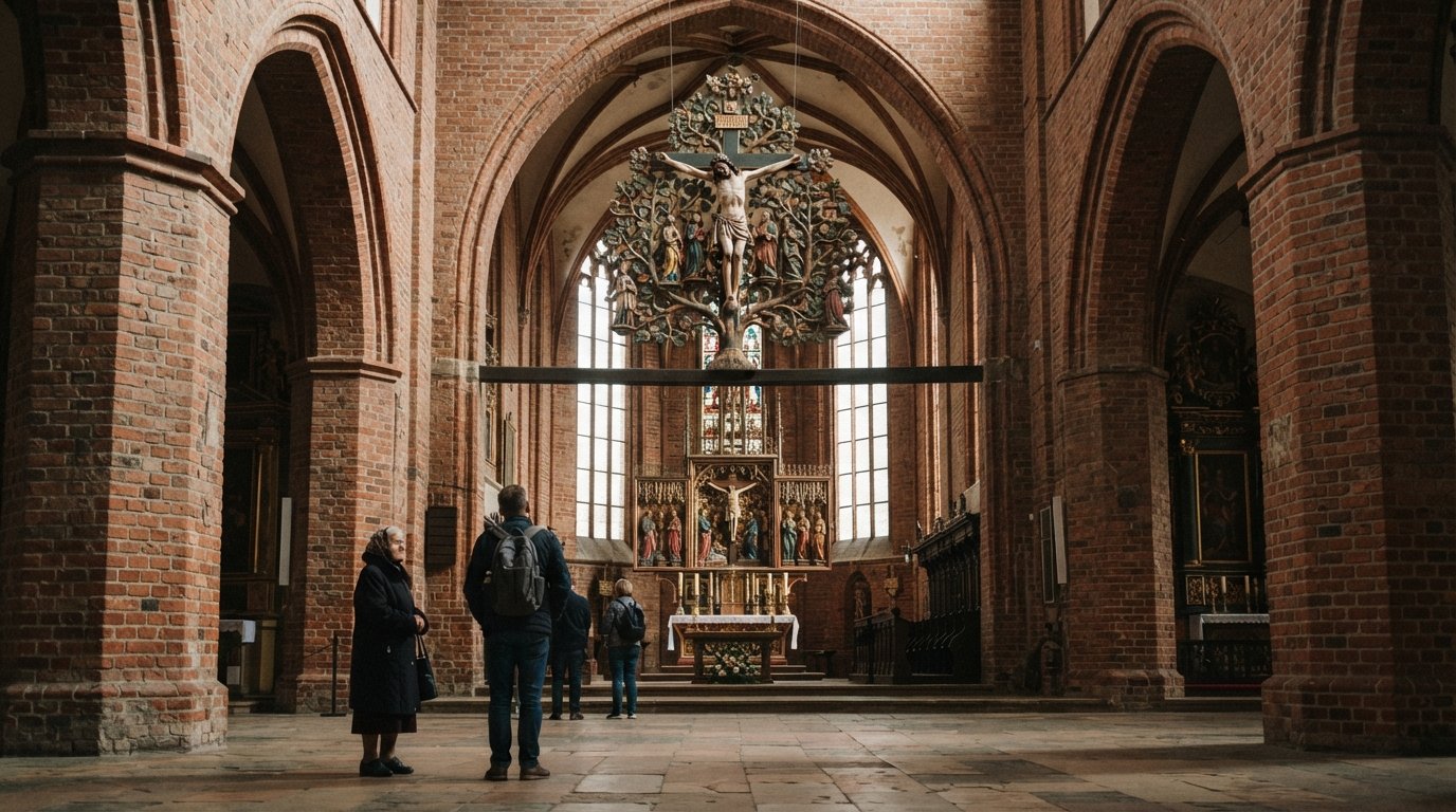 l'intérieur de l'église Saint-Jacques à Toruń, montrant le crucifix de l'Arbre de Vie du bas Moyen Âge et les détails de la nef gothique en briques dans une lumière douce du jour
