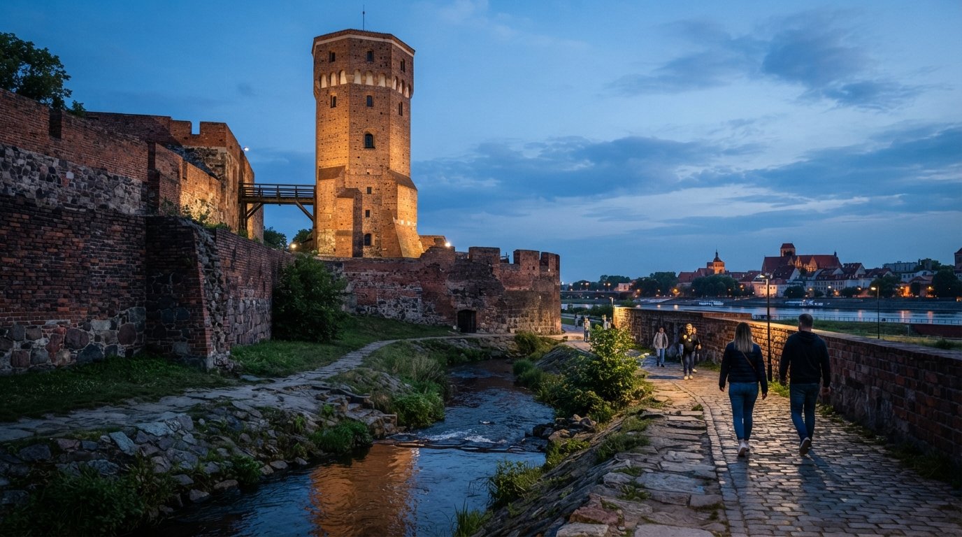 les ruines du château teutonique à Toruń au crépuscule, avec la tour dansker survivante s'élevant au-dessus de murs bas en briques et d'un ruisseau étroit en dessous