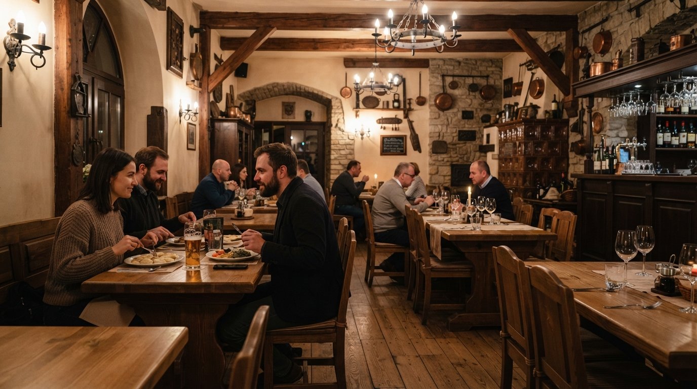 la salle à manger ou la façade de Gospoda Pod Modrym Fartuchem au Rynek Nowomiejski 8, avec une architecture baroque historique et une atmosphère chaleureuse de vieille auberge