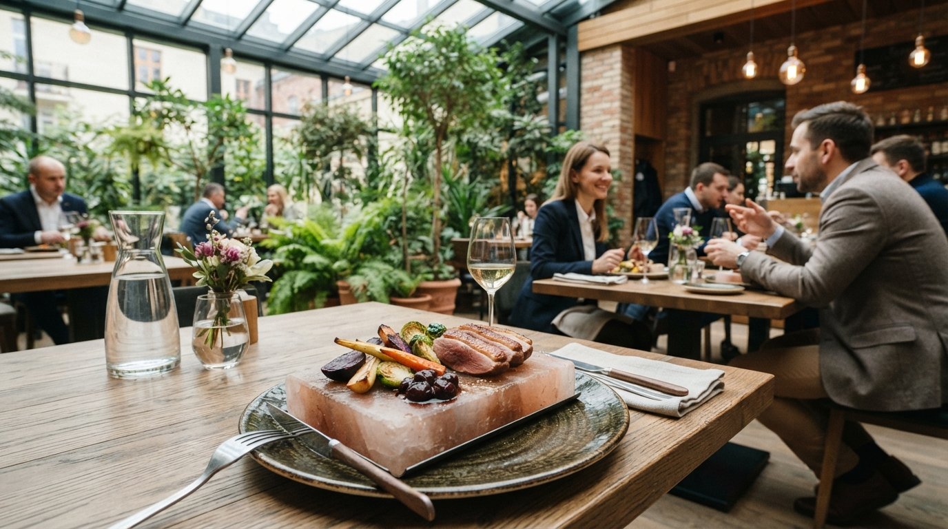 un plat polonais contemporain dressé à Restauracja Esencja à l'Hôtel Eter, avec une pierre de sel chauffée et un cadre de jardin d'hiver rempli de plantes