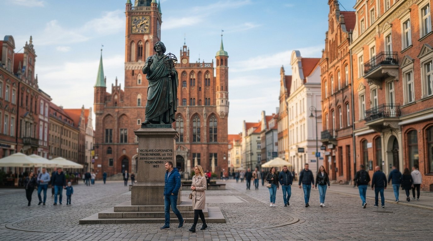 the bronze Copernicus Monument at the edge of Rynek Staromiejski and Szeroka Street, with the Gothic town hall and red-brick facades behind it in soft afternoon light