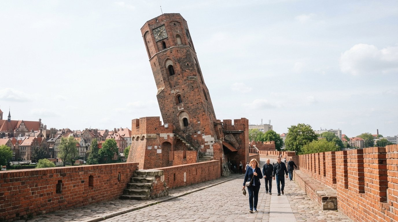 the tilted Krzywa Wieża rising from the medieval walls, its lean obvious against a pale sky and the brick fortifications around it