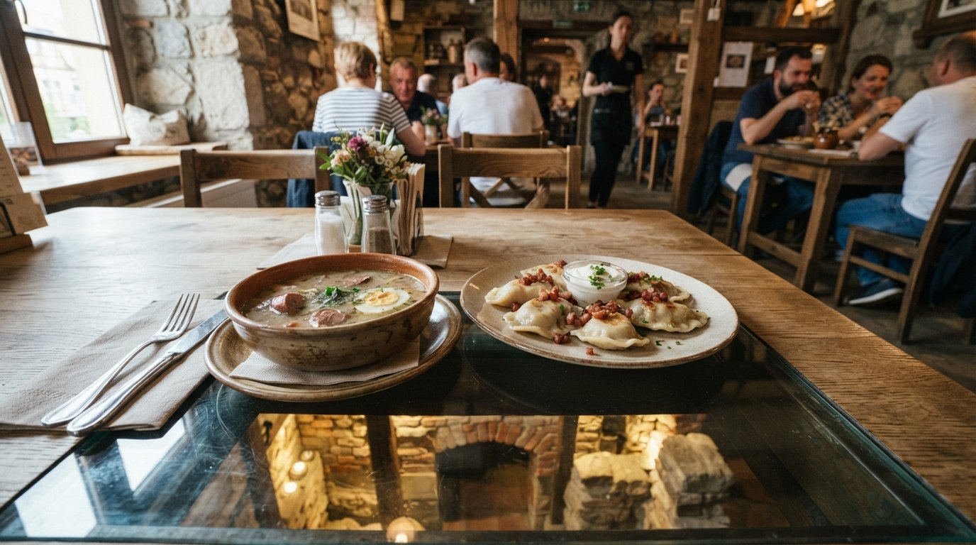 oven-baked pierogi and a bowl of żurek at Pierogarnia Stary Młyn, with the glass floor and medieval bridge structure visible beneath the table
