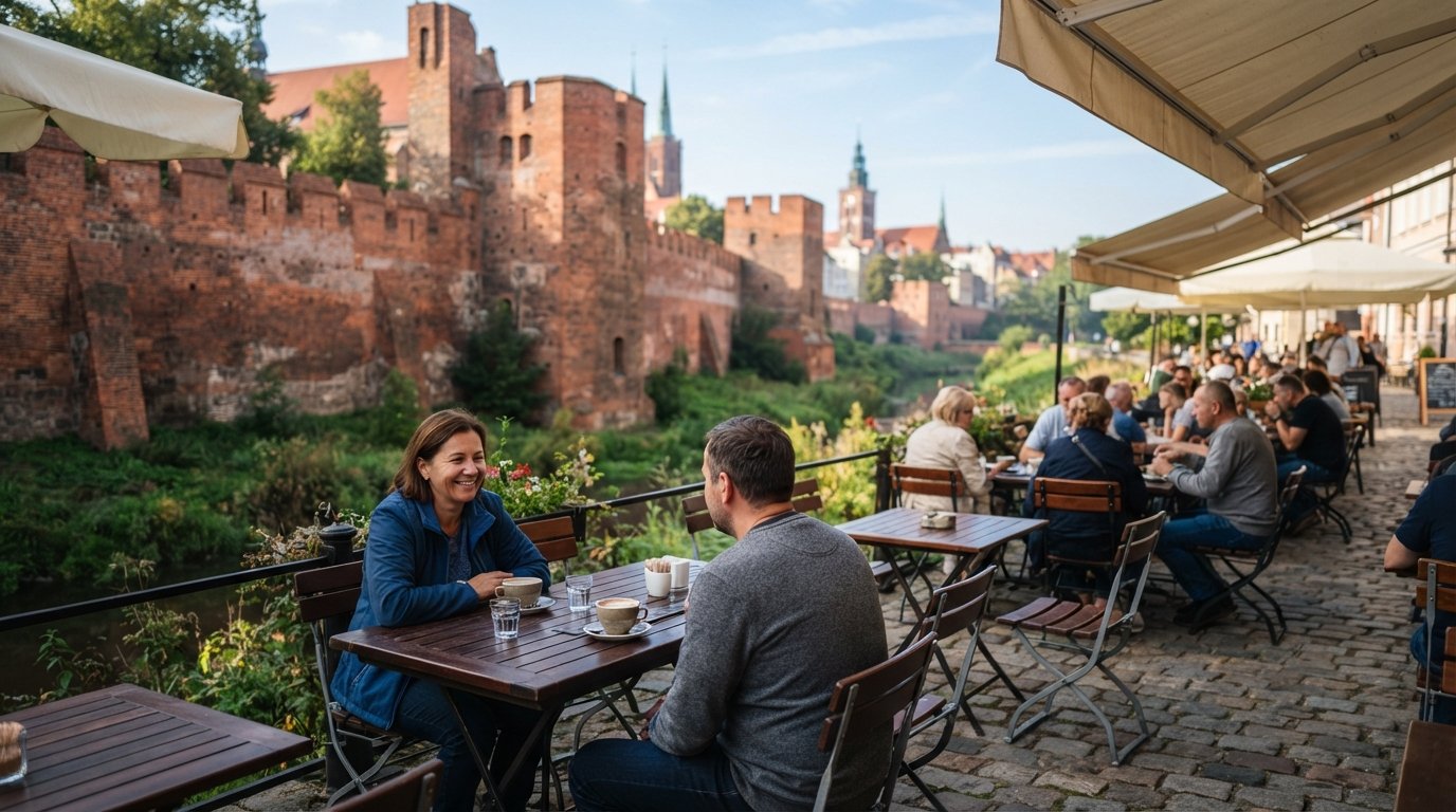 the exterior tables and coffee cups at Bread House Cafe beside Fosa Staromiejska, with the old moat and brick walls just behind in morning light