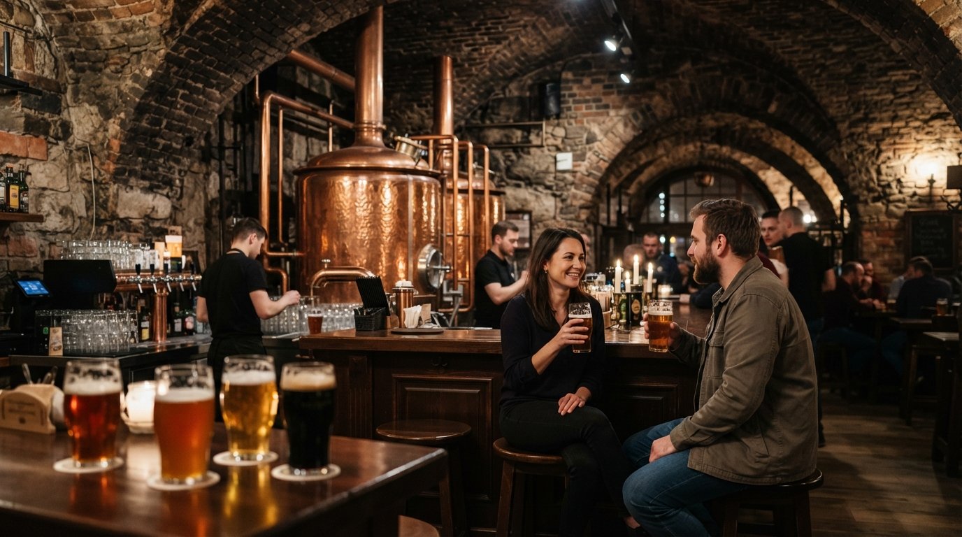 copper tanks and glasses of house beer inside Jan Olbracht Browar Staromiejski, with the Gothic cellar atmosphere and warm evening light on the bar